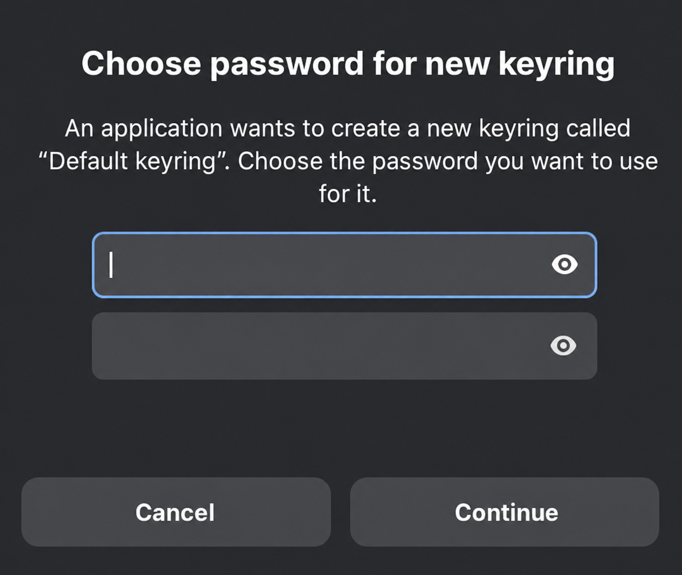 Linux keyring dialog asking to choose a password for a new Default keyring.