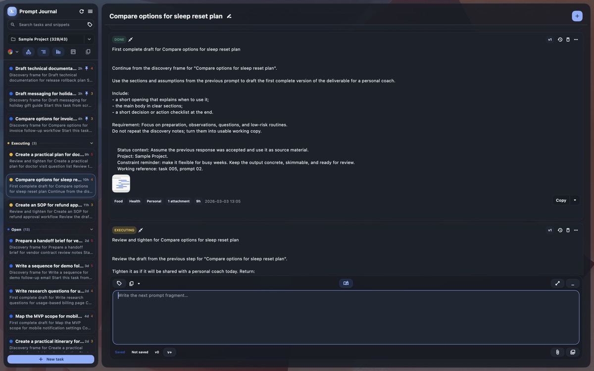 Prompt Journal focused editor with a long prompt draft.