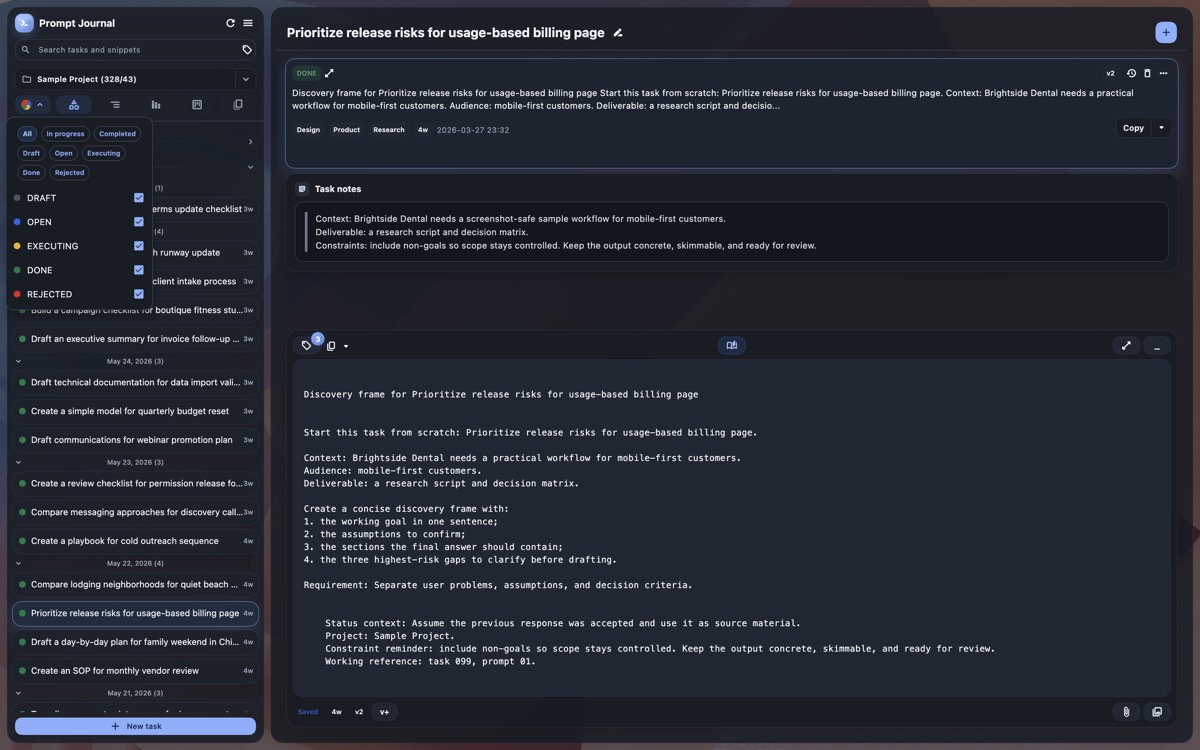 Prompt Journal status filter menu in the task sidebar.