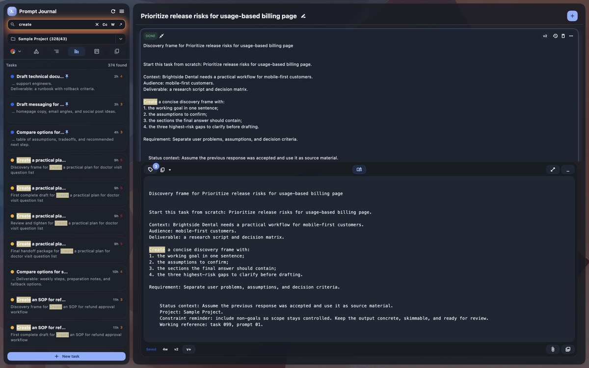 Prompt Journal task search results and highlighted editor matches.