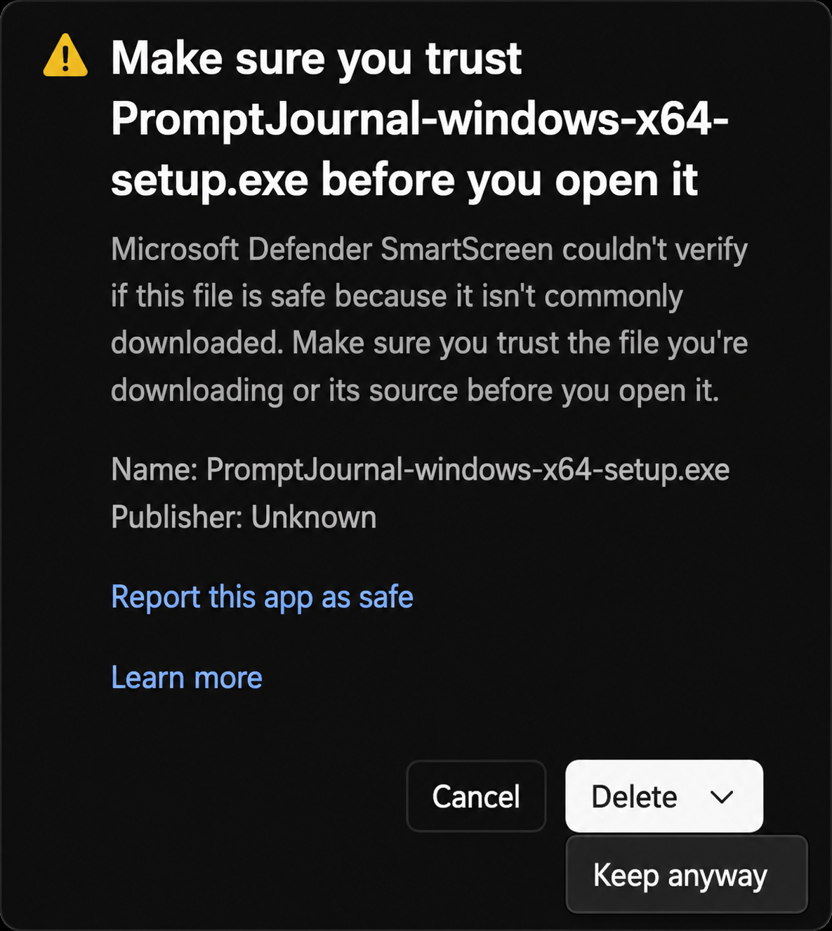 Microsoft Defender SmartScreen dialog showing the Keep anyway option for the Prompt Journal Windows installer.