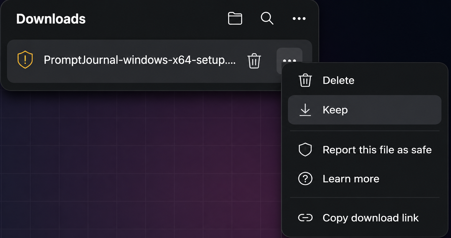 Microsoft Edge downloads menu showing the Keep option for the Prompt Journal Windows installer.
